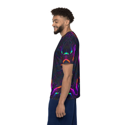 Sleeve detail of the "Knight City Core" sport tee, showing how the print wraps the fabric.