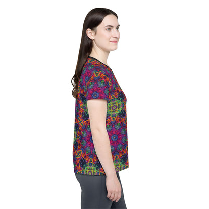 Women's sport tee in the Lucid Dream design, worn by a model, back view.