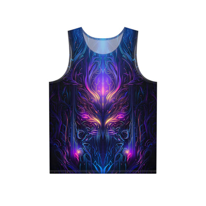 Front flat lay of the 'Twilight Glow' men's tank top showing the psychedelic all-over print.