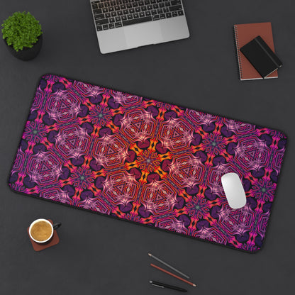 The Forged In Neon desk mat laid on a desk beside a keyboard and mouse.