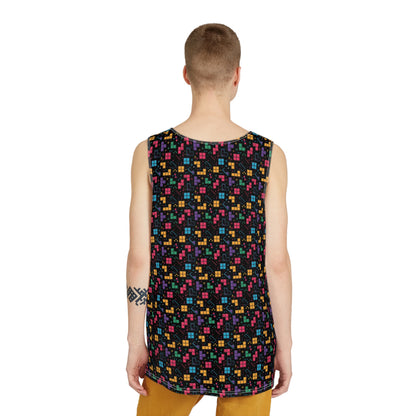 Side angle of the Tetris Pattern men's tank top, showing the regular cut and fit.