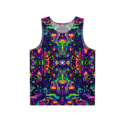 Front flat lay of the 'Trip Capacitor' men's tank top showing the psychedelic all-over print.