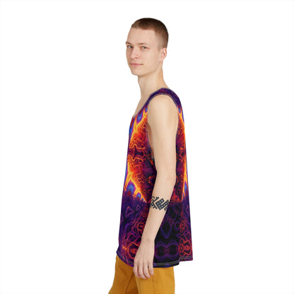 Close-up of the neckline and seam on the Lilith's Gate men's tank top.