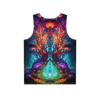 Angled view of the 'Moonlight Fruit' all-over print covering this men's tank top.