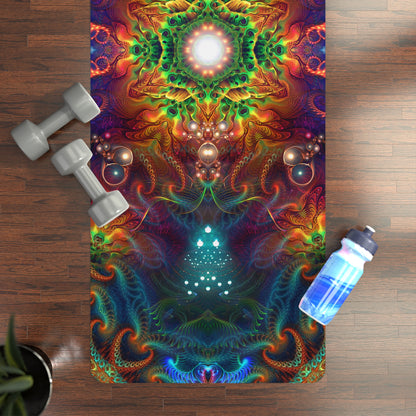 Close-up of the 'Photonic' light burst pattern printed on the yoga mat surface.