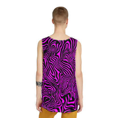 Detail of the Pink Zebra graphic on a men's tank top
