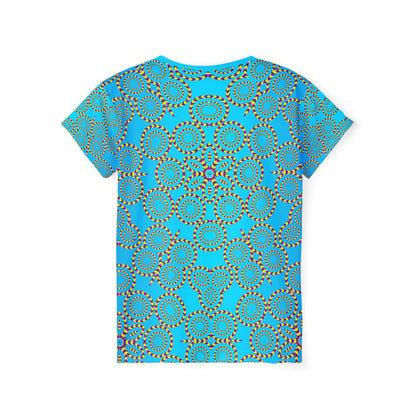 Back view of the Loco Motion sport tee with the print continuing across the fabric.
