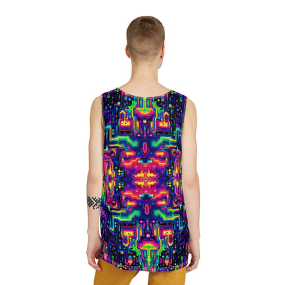 Corner detail of the Space Invaders men's tank top print.