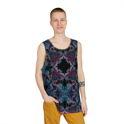 Angled view of a men's tank top featuring the Tunnel Vision mushroom tree mandala.