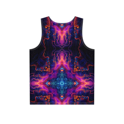Close-up of The Watchers all-seeing eyes print on a men's tank top.