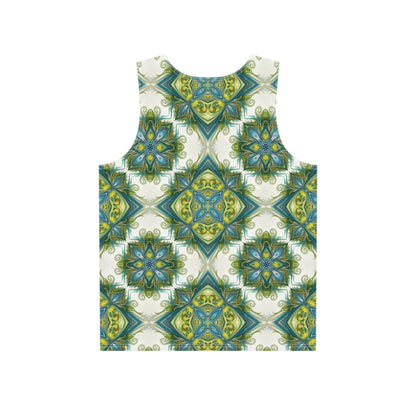 Close-up of the Porcelain Bloom print detail on the men's tank top fabric.