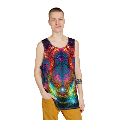 Close-up of the print detail on The Elixir men's tank top's lightweight fabric.