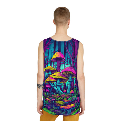 Corner detail of the Mushroom Forest tank top print and stitching.