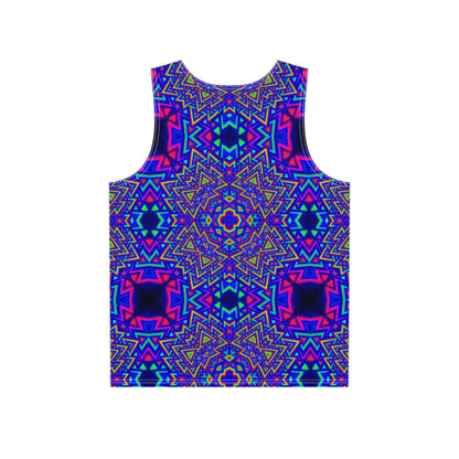 Close-up of the Aztecia Core print detail on the tank top fabric.