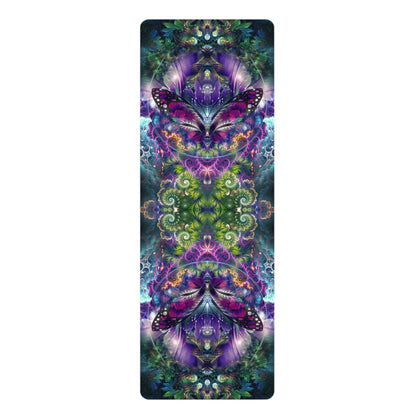 "Emergence" yoga mat on a white background, displaying the mirrored purple, green, and pink butterfly fractal print.