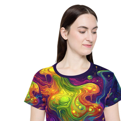 Full pattern view of the "I Love Lava Lamp" print women's sport tee.