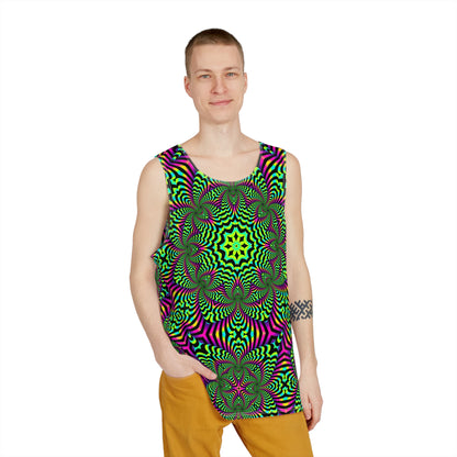 Green Zibrus Maximus tank top shown at an angle to highlight the artwork.