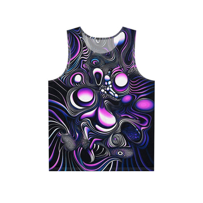 Front flat lay of the 'Time Is An Illusion' men's tank top showing the psychedelic all-over print.