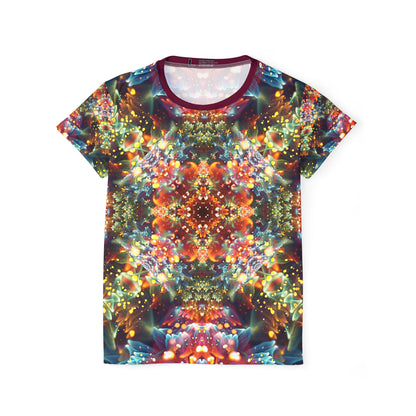 Flat lay of the "Kaleidobloom" all-over print women's sport tee.