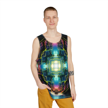 Angled view of the Remnant Portal men's tank top highlighting the print and cut.