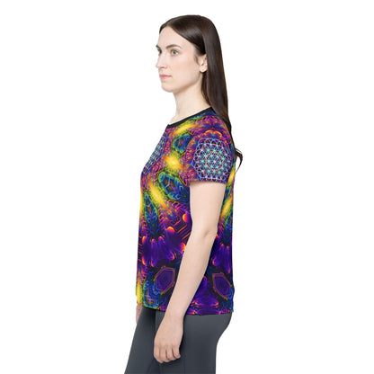 Women's sport tee in the DMandalaT psychedelic mandala all-over print design, shown from above.