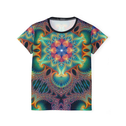 Front view of the Free Your Mind print on the women's sport tee.