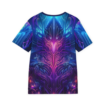 Close-up of the Midnight Spell P2 print detail on the sport tee fabric.