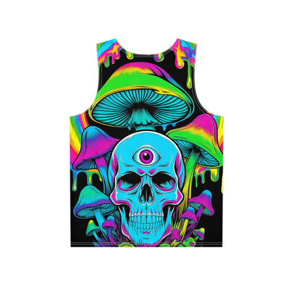 Close-up of the Third Eye Skull print on a men's tank top.