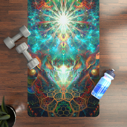 Corner close-up of the To Tree or Not to Tree yoga mat showing print detail and rubber edge.