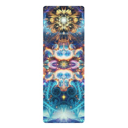 Corner detail of the Polaris yoga mat showing the suede-textured top and blue fractal print.