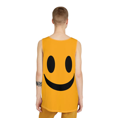 Corner detail of a men's tank top with the 'Yellow Smiley' artwork.