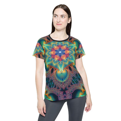 Side view of the Free Your Mind print on the women's sport tee.