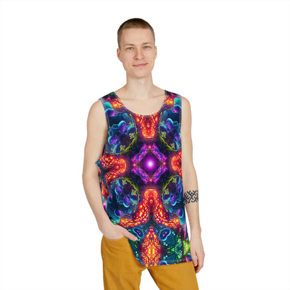 Close up of the Mycoria print detail on the tank top fabric.