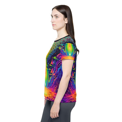 Women's sport tee in the Maze of Life design, worn by a model, front view.