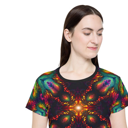 Close up of the sleeve and seam on the Seed of Knowledge Mandala women's sport tee.