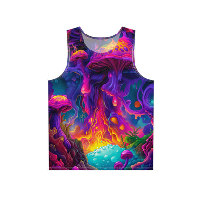 Front view of the Port Gillstown men's tank top showing the full psychedelic print.