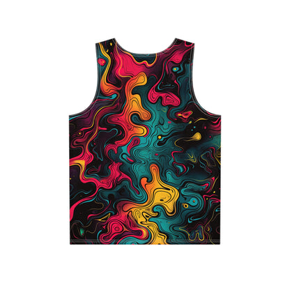 Close-up of the Neon Oil print design on the tank top fabric.