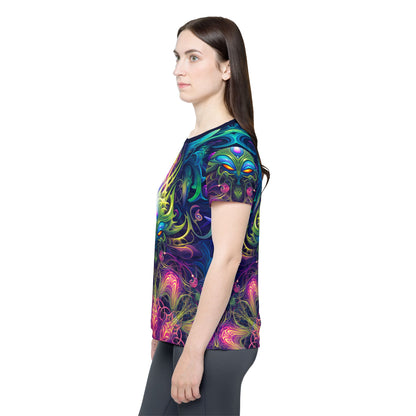 Flat lay of the women's sport tee showing the Gatekeepers print.