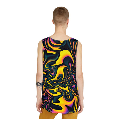 Detail of the Pink Plus Black Equals Yellow graphic on a men's tank top