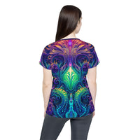 Close-up of the Belladonna all-over print on the women's sport tee fabric