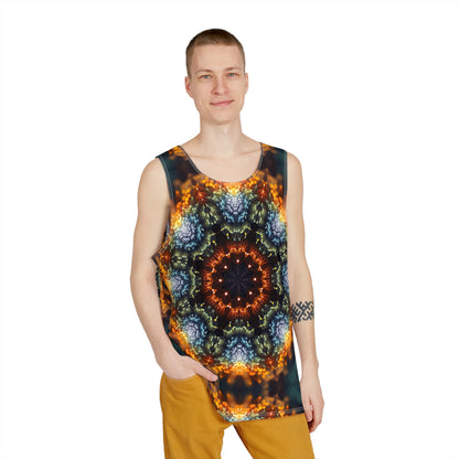 Angled view of the Fractal Flower Mandala men's tank top on a hanger.