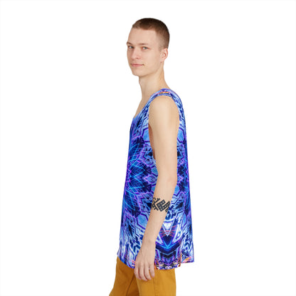 Another angle of the Space Oasis men's tank top showing the print.