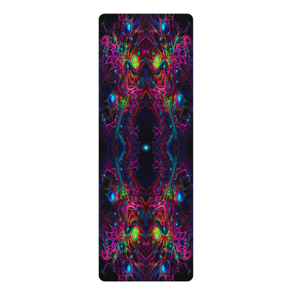 The Peculiarity yoga mat shown flat on a white background, displaying its full mirrored psychedelic print end to end.