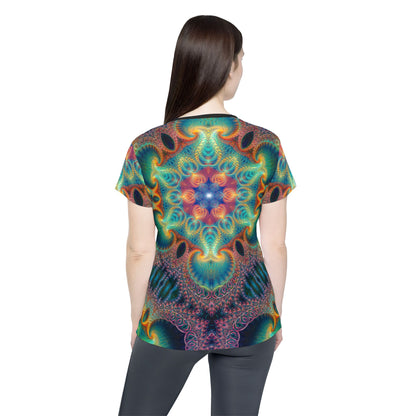 Close-up of the print detail of the Free Your Mind design on the women's sport tee.