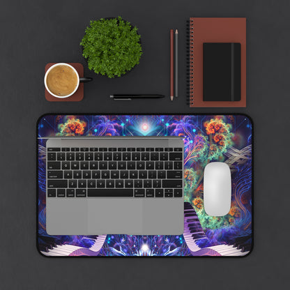 Magnus Opum desk mat under a laptop and coffee mug on a desk