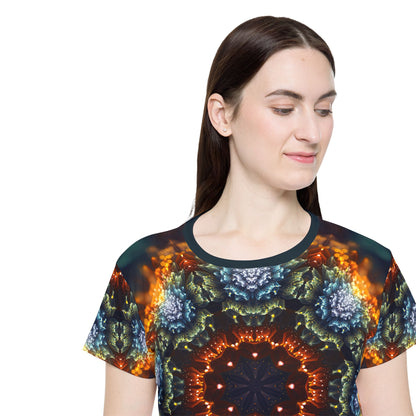 Folded view of the women's sport tee printed with the Fractal Flower Mandala design.