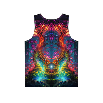 Back view of The Elixir men's tank top, print continuing across the fabric.