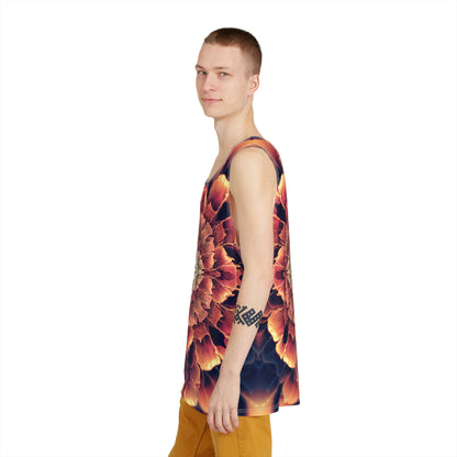 Full view of the 'Mandala Bloom' psychedelic print across this men's tank top.