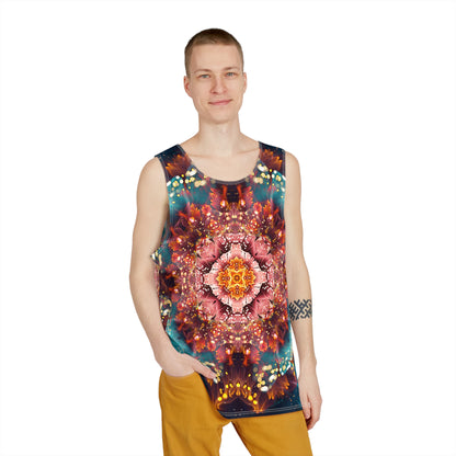 Angled view of the Reaching for Light men's tank top highlighting the print and cut.