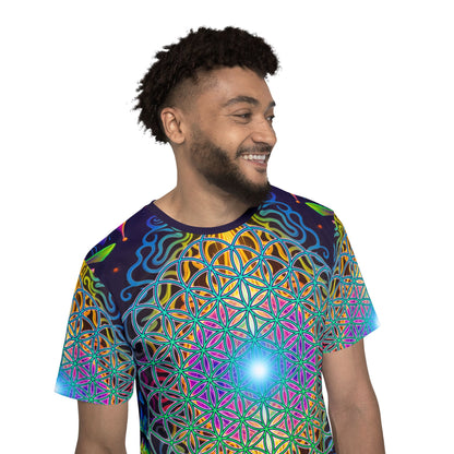 Wide view of the Maze of Life Flip men's sport tee showing the complete print layout.